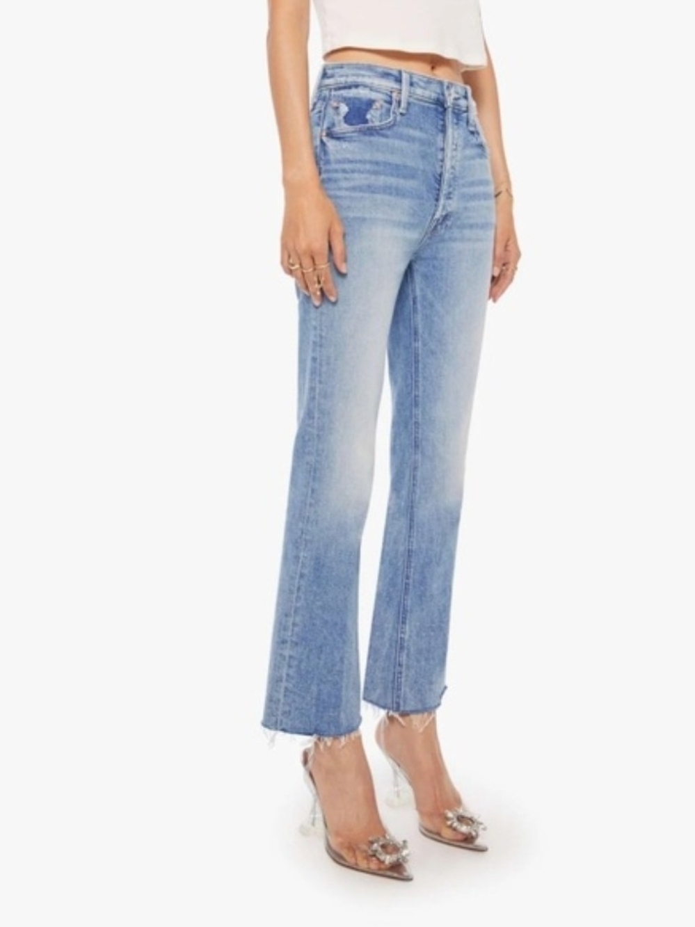 NWT MOTHER The Tripper Flood Fray Light Blue High-Rise Straight Jeans Sz 25